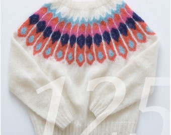 Knitting pattern nordic style Fair Isle sweater. A round yoke in colors and Mohair. Size S - XXL. In English with a knitting school