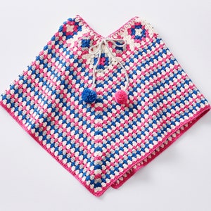 Crochet pattern Granny Square Poncho / Cape for girls from 4 to 14 years. With pom poms. German instructions for patchwork crochet