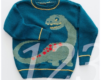 Patrón de tejido de suéter de dinosaurio para niños de 4, 6, y