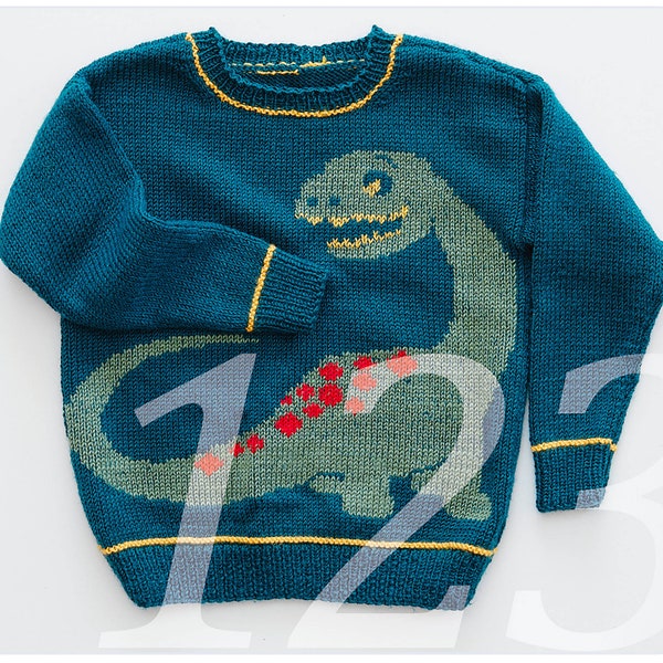 Strickanleitung Dinosaurier Kinderpullover für 4, 6, 8, 10 Jahre alte Kinder. PDF- Anleitung in Deutsch als sofortiger Download.