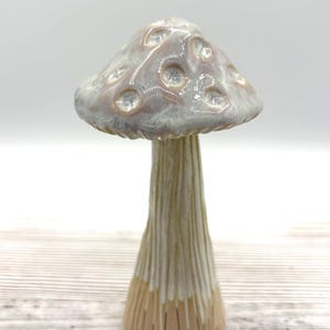 May include: A ceramic mushroom sculpture featuring a wide, rounded cap with indented circular spots in a glossy, iridescent white and light gray glaze. The tall, slender stem is textured with vertical ridges, transitioning from a white glaze at the top to a natural, unglazed tan clay finish at the base.
