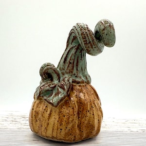 May include: A ceramic pumpkin sculpture featuring a rounded, speckled orange body with vertical ridges. The top includes a tall, curved, light green stem with brown accents and a curled leaf detail extending from the base of the stem.