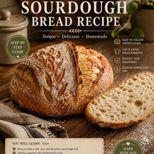 Ricetta per pane a lievitazione naturale adatta ai principianti, pane artigianale facile in PDF, pane fatto in casa passo dopo passo, misurazioni in tazze e grammi.