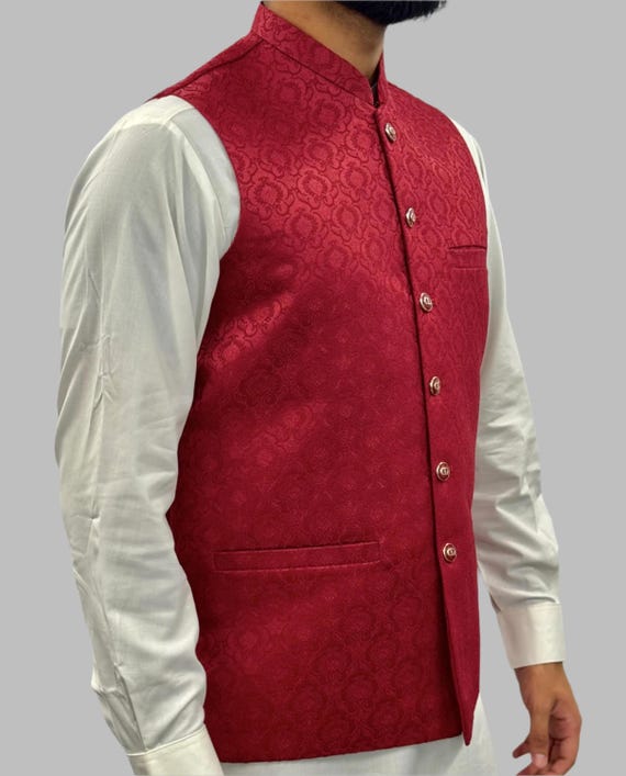 Men's Red Royal Design Jamawar Waistcoat