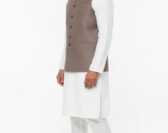 Men's Mocha Hex Design Jamawar Waistcoat