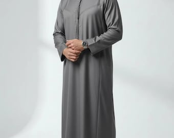 Thobe Jubba emiratí/omaní bordado de primera calidad para hombre - Gris
