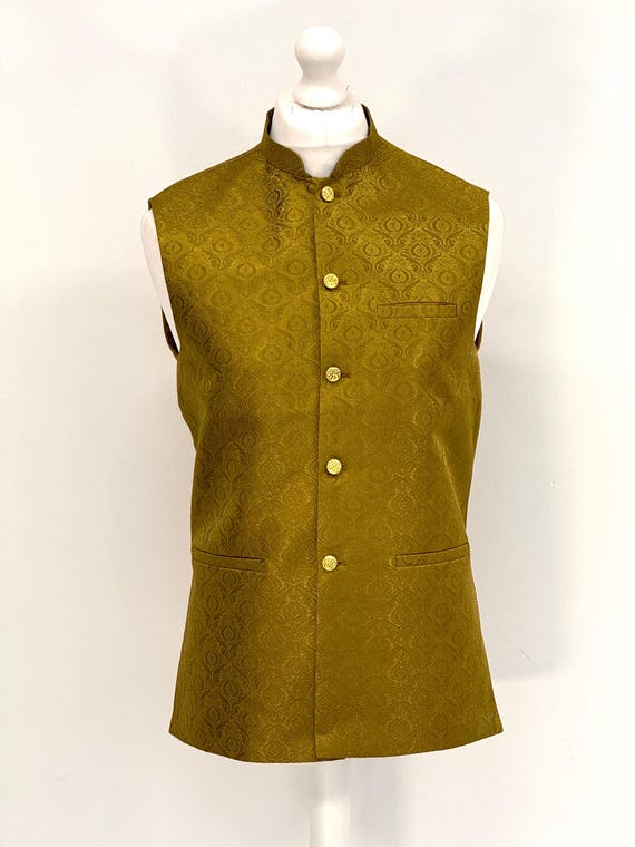 Men s Mendhi Green Design Jamawar Waistcoat Etsy