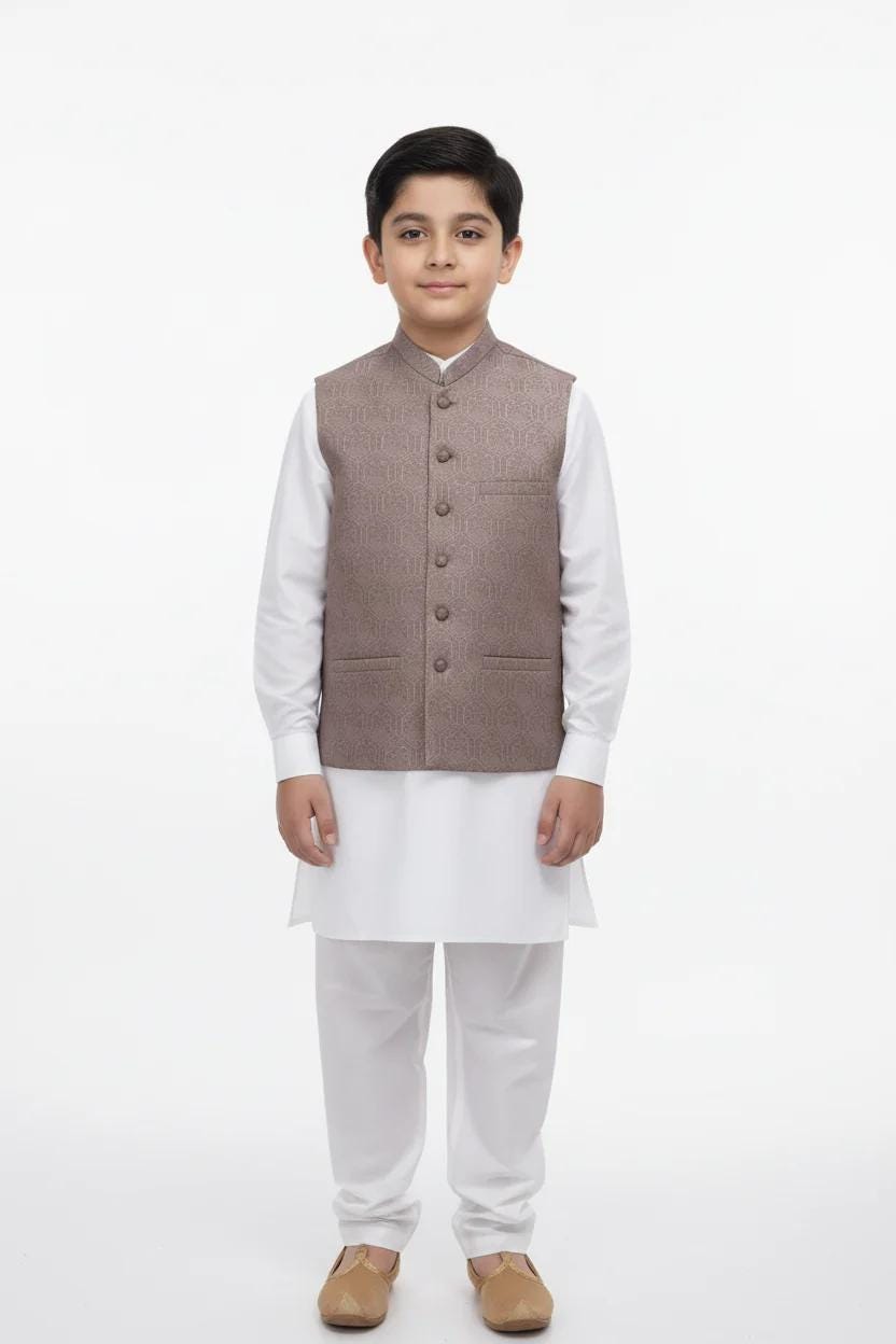 Boys Mocha Hex design Jamawar Waistcoat