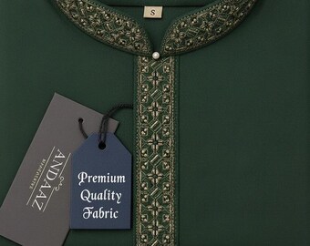 Spodnie męskie premium Kameez Forest Green Multi Color z haftowaną plisą
