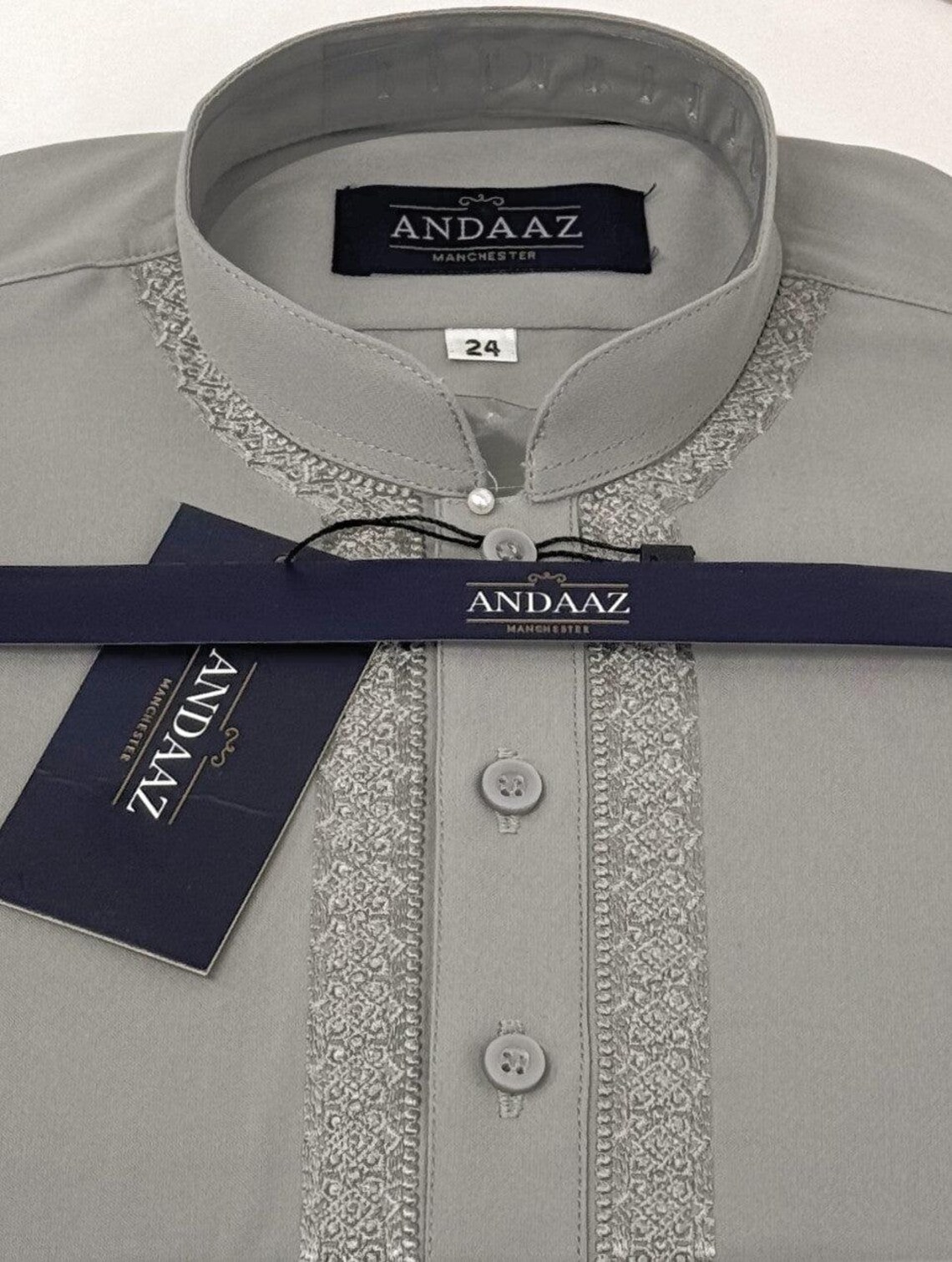 Shalwar Kameez For Baby Boy In Round Neck Embroidery Print Design Grey Color
