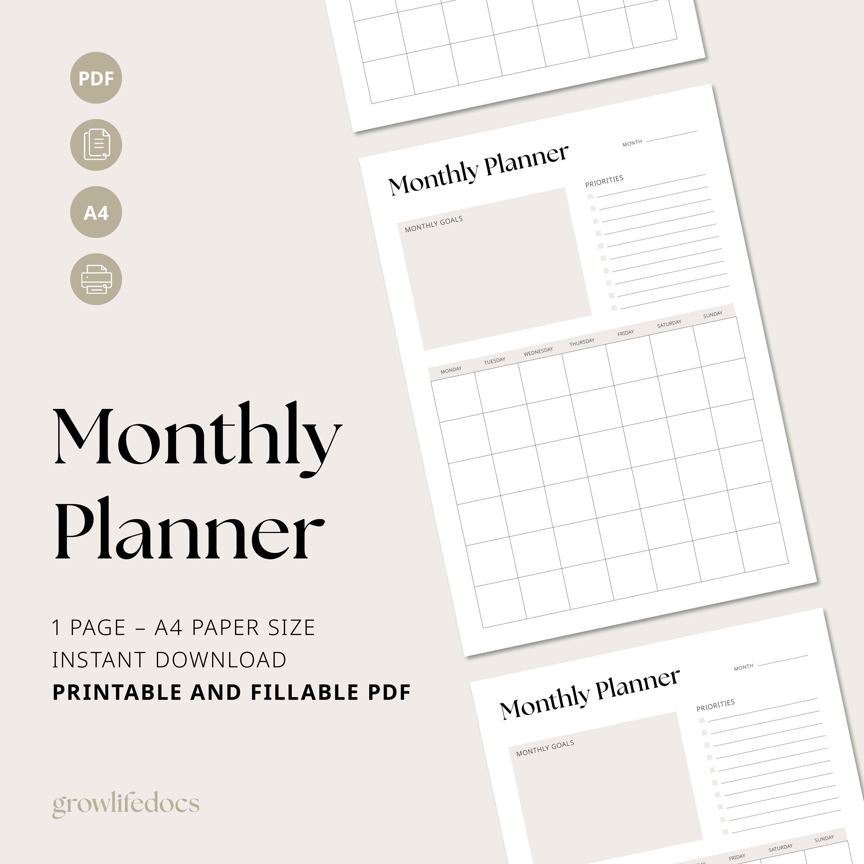 Monthly Planner Printable | Fillable PDF, Habit Tracker, Minimalist