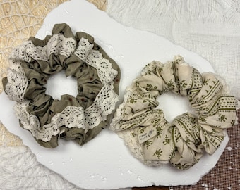Cottagecore Lace Scrunchies Set of 2, Cotton Floral Hair Ties, Vintage Style Hair Accessories, Neutral Green Scrunchie Gift for Women