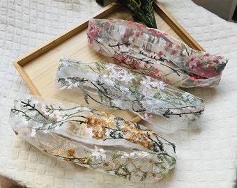 Vintage Floral Embroidered Headband – Sheer Lace Hairband for Women – Soft Girl Cottagecore Style