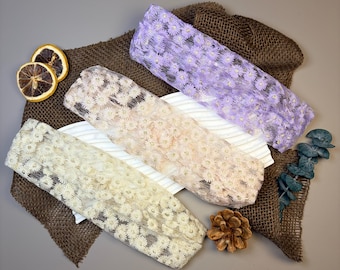 Embroidered Floral Lace Headband, Daisy Wide Hairband, Cottagecore Hair Accessory, Picnic Outfit, Mori Girl Style, White Pink Purple.