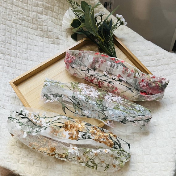 Vintage Floral Embroidered Headband – Sheer Lace Hairband for Women – Soft Girl Cottagecore Style