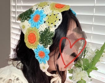 Handmade Crochet Floral Headscarf, Boho Cotton Kerchief