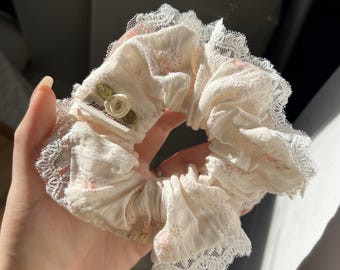 Vintage Lace Scrunchie with Rose: Cotton Floral Hair Tie
