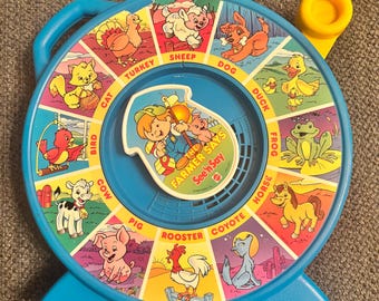 Vintage 1996 Mattel See 'N Say The Farmer Says Talking Pull Toy Animal Sounds Blue Yellow 1990s Toy