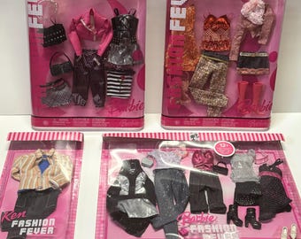May include: Several Barbie and Ken Fashion Fever sets in pink packaging. Each set includes miniature clothing items like dresses, pants, skirts, and accessories such as purses and shoes. The packaging features the Barbie and Ken Fashion Fever logos.