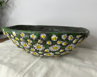Daisy Pattern Paper Mache Bowl, Rustic Centerpiece Vase