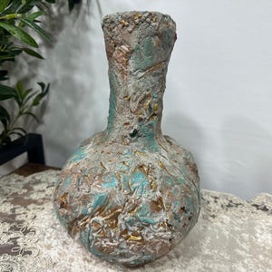 Rustic Organic Textured Vase, Gemstone Paper Mache Boho-Chic Vase, Handmade Elegance/Unique Sculptural Neutral Vase, Vintage Style Vase