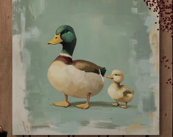 Mallard Duck Painting: Dad and Baby Duckling Nursery Art