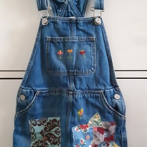 Upcycled Slow Stitch Girls Bib Overalls Jumper Dress, Vintage Feedsack Patchwork Embellishment, Hand Embroidery, Back to School
