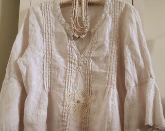 Upcycled Linen Tunic Top, Bell Sleeves, Vintage Crochet Lace Embellished, Size L