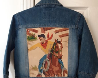 Upcycled Boys Denim Jean Jacket, Vintage 1940s Cowboy Country Western Rodeo Barkcloth Fabric, Size 2T