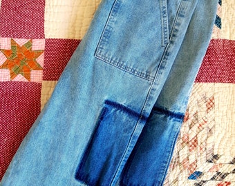 Deconstructed Upcycled Vintage Carpenter Utility Blue Jeans, Baggy, Wide Leg, High Wasted, Size S