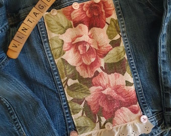 Girls Gap Denim Jacket, Upcycled with RARE Vintage Pretty 1930s Floral Barkcloth Fabric, Pink Roses, Size 8