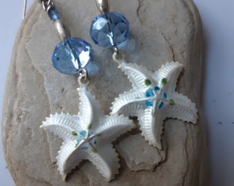 Long Dangle Drop Vintage Starfish Enamel Charm Beach Surfer Earrings