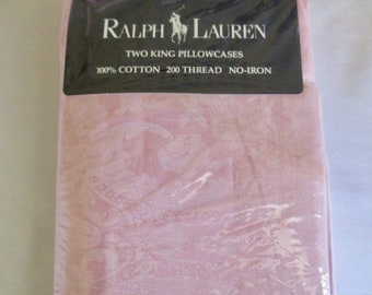 VINTAGE 1994 RALPH LAUREN Pink Avery King Pillowcases in Original Package, Shabby Country Cottage Chic Bedding, 200 Cotton Thread