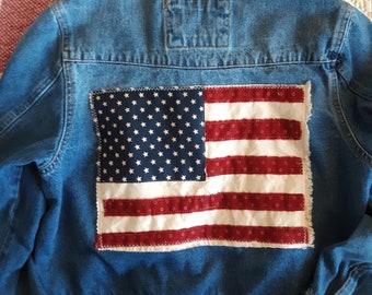 Handcrafted Primitive Americana American Flag Upcycled Embellished Denim Jacket, Patriotic, Nostalgic, Grunge, Blue Jeans, Streetwear