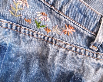 Hand Embroidered Refashioned Reworked VINTAGE Faded Womens Blue Jeans, Upcycled Denim, Boho Hippie, Cowgirl