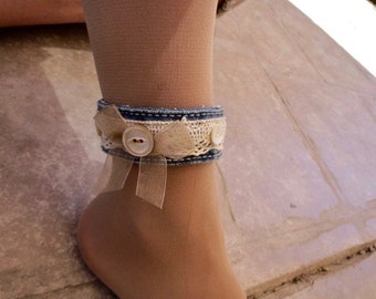 Blue Jean Denim Cuff Ankle Bracelet Anklet, Vintage Boho Hippie, Lace Textile Jewelry