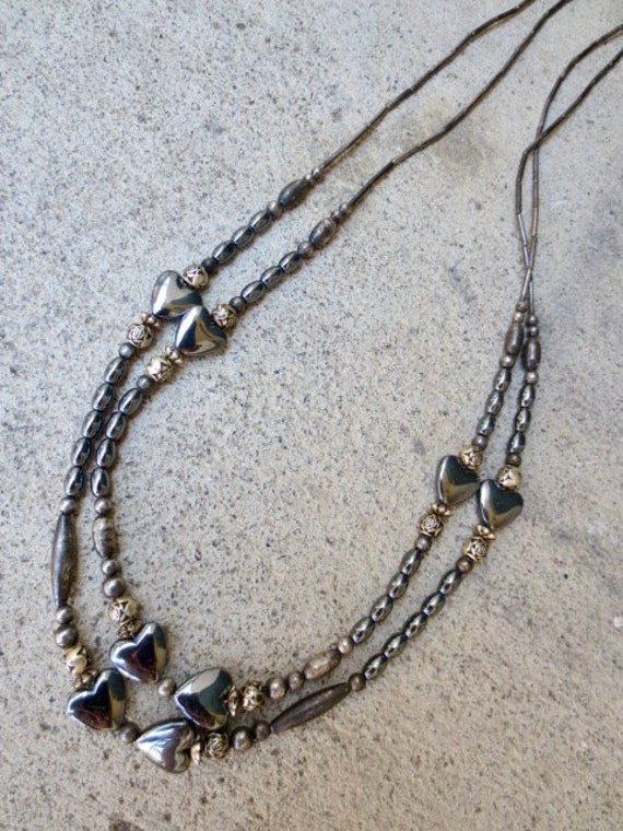 Long Vintage Hematite Heart Beaded Necklace - image 4