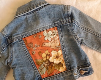 Baby Gap Denim Jean Jacket Upcycled with RARE Vintage 1930s Linen Floral Bird Fabric, Girls Infant