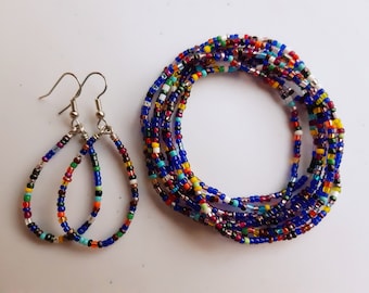 Hand Mixed Vintage Seed Bead Wrap Bracelet, Anklet, Necklace and Teardrop Hoops Earrings Jewelry Set