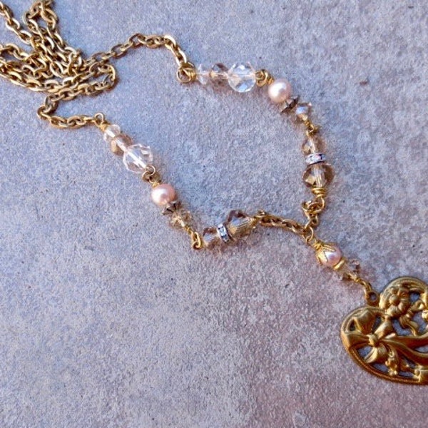 Vintage Heart Pendant Assemblage Necklace, Pink Pearls, Romantic Jewelry Gift