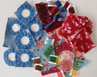 Raspberry and Denim Floral Slow Stitch Fabric Bundle Kit, Vintage Floral Fabric, Junk Journal, Sewing, Quilting, Embroidery, Sashiko Patch