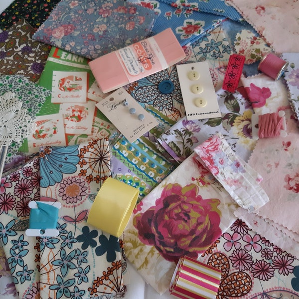 FABULOUS Vintage Slow Stitch Bundle Kit, Pink Floral Fabrics, Junk Journals, Sewing, Quilting, Craft Supplies, Stitch Craft