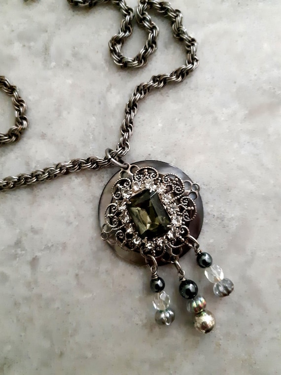 Handmade Assemblage Statement Rhinestone Pendant … - image 1