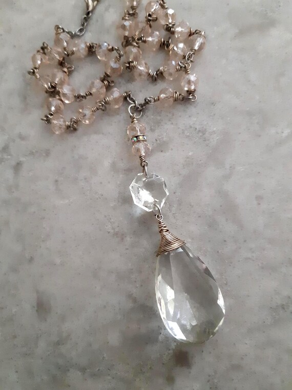 Handmade Long Assemblage Statement Pink Beaded Pe… - image 1