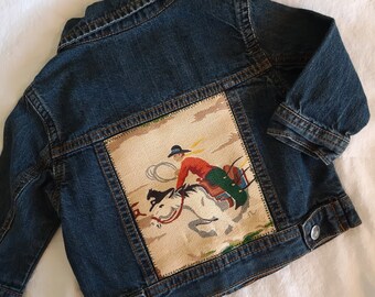 Upcycled Baby Boys Cowboy Denim Jean Jacket, Embellished, Recycled, Vintage 40s Country Western Barkcloth Fabric, Size 0-3 Months