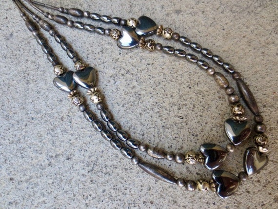 Long Vintage Hematite Heart Beaded Necklace - image 1