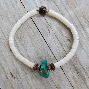 Surfer Seashell Bracelet, Vintage Boho Hippie, Beach Jewelry, Turquoise Nugget, Beach Bride Wedding