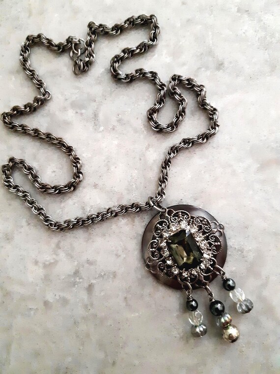 Handmade Assemblage Statement Rhinestone Pendant … - image 2