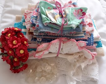 Pretty Pink Vintage Floral Fabric Slow Stitch Bundle Kit From My Stash of Scraps, Junk Journals, Sewing and Quilting, Needle Art Crafting