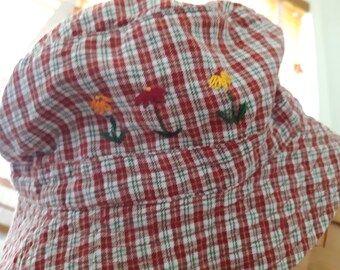 Hand Embroidered Plaid Womens Girls Summer Bucket Hat, Daisies, Camping, Glamping, Original  and OOAK